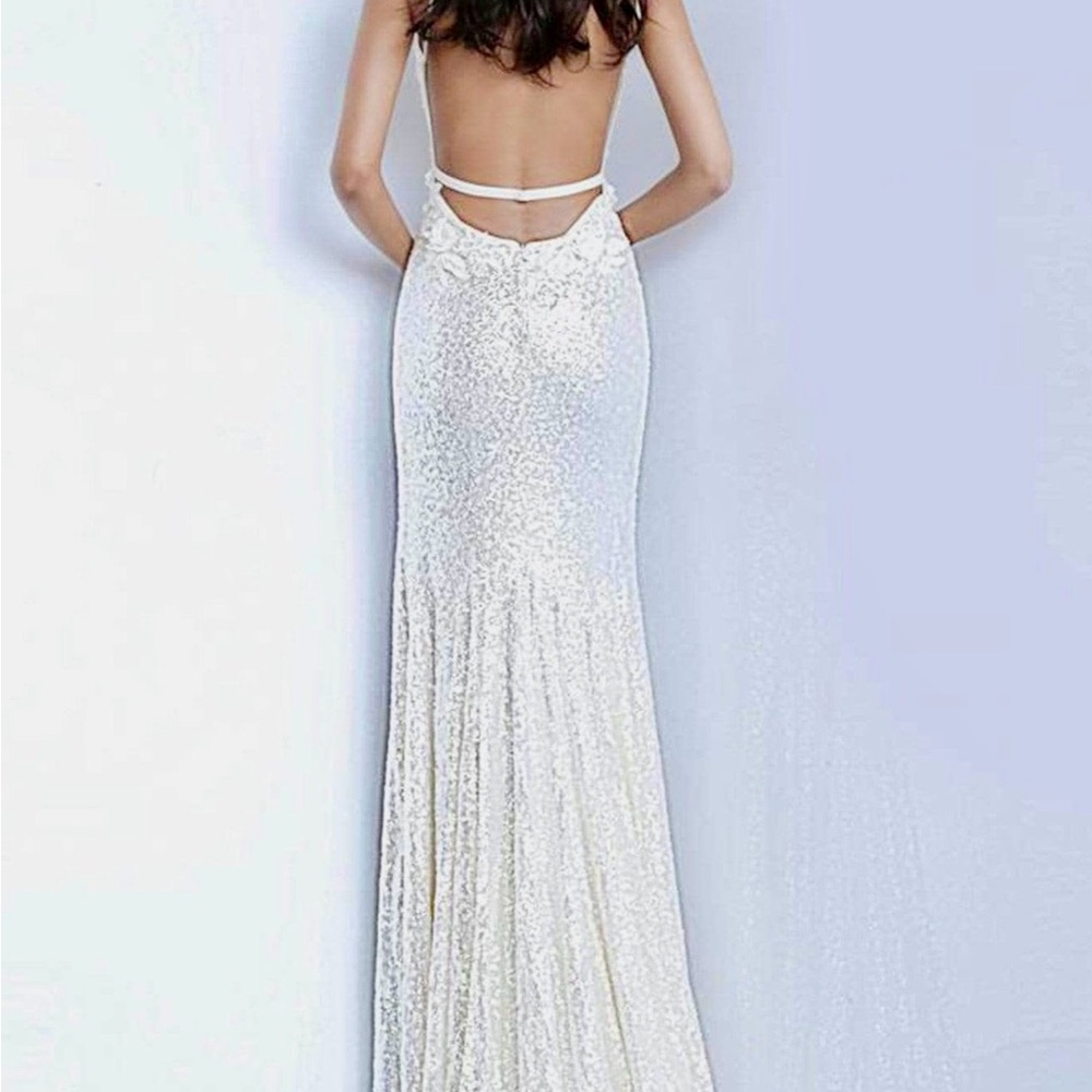 Jovani White Sequin Backless Evening Gown